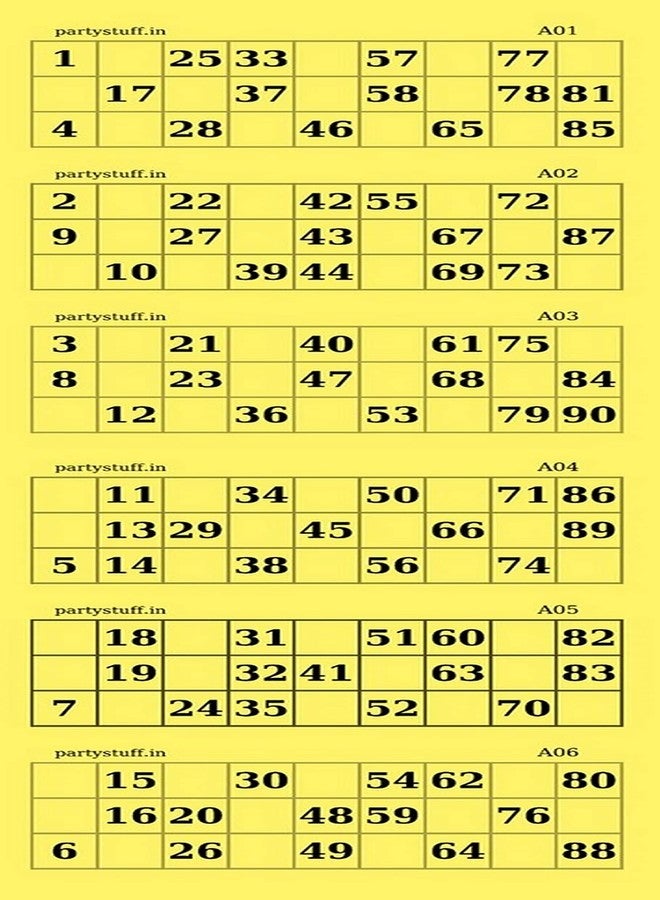 Party Stuff Classic Tambola Housie Ticket Loose Sheets, Paper, Yellow, 100 Sheets, 600 Tickets - Image 1